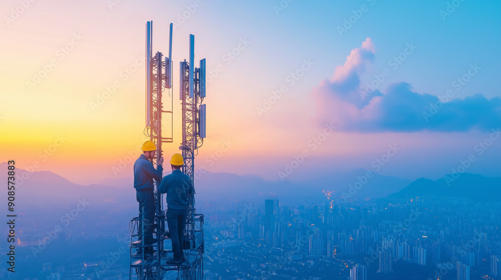 Poster photograph of helmeted male engineer works in the field with a telecommunication tower that controls