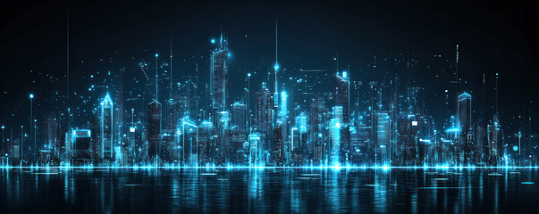 Fototapeta premium A city skyline is lit up in blue lights, creating a futuristic and vibrant atmosphere. The city appears to be in the middle of the night, with the lights reflecting off the water
