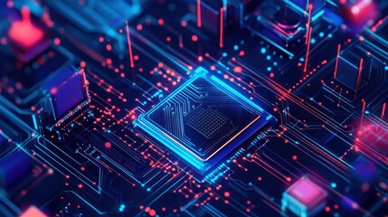 Obraz premium Abstract Circuit Board with Blue and Red Glowing Lines