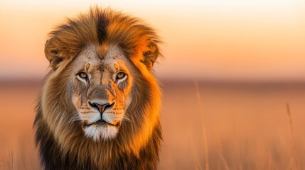 Majestic lion in the savannah at sunrise, copy space for text