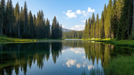 The clear lake is surrounded by lush forests, with trees reflected in the water, showing the tranquil beauty of nature