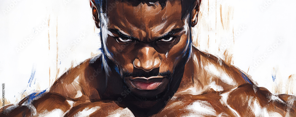 Poster a man with a muscular build is shown with a serious expression on his face. concept of determination