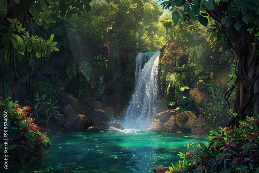 Wall mural A lush green forest with a waterfall and a pond