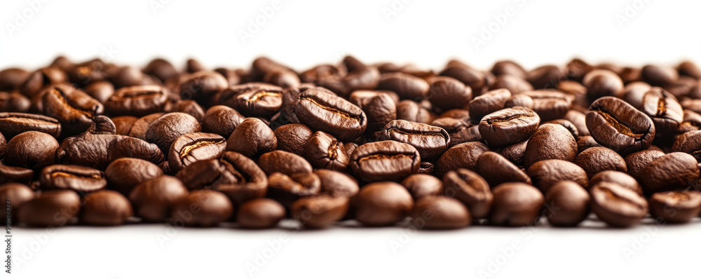 Poster a close up of coffee beans on a white background. the beans are of different sizes and shapes, and t