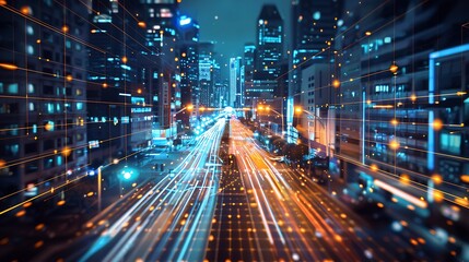 Cityscape at night with bustling street glowing lights and light trails from moving vehicles for vibrant atmosphere urban energy motion and dynamic visual experience concept.