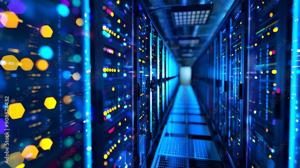 Poster close up view of the interior of a server room showing rows of servers. the lights are bright and th