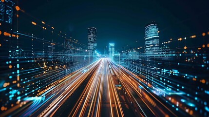 Photographer captures cityscape at night with colorful light trails from traffic and digital patterns for showcasing speed energy and interconnectedness of modern urban life concept.