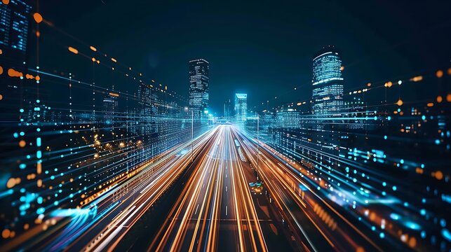 Photographer captures cityscape at night with colorful light trails from traffic and digital patterns for showcasing speed energy and interconnectedness of modern urban life concept.