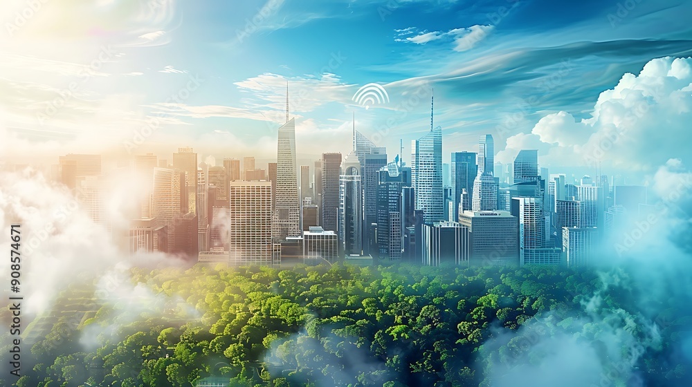 Poster modern cityscape with skyscrapers and buildings emerging from the clouds a wifi signal is visible in