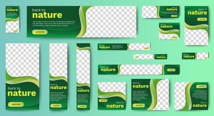 Nature banner design web template Set, Horizontal header web banner. Modern Gradient green cover header background for website design, Social Media Cover ads banner, flyer, invitation card