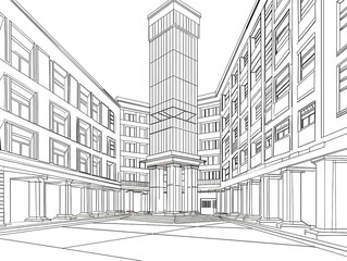Architecture, line drawing, vector lines, central main building, ultra high definition, white background, clean