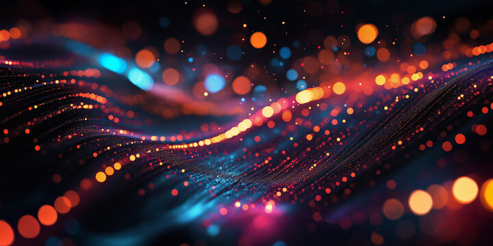 Colorful abstract background with bokeh lights and fluid wave patterns, evoking a sense of motion and energy, ideal for festive, celebration themes, and creative visual effects

