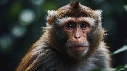 Fototapeta premium A curious monkey inspecting a new object, full of interest and fascination