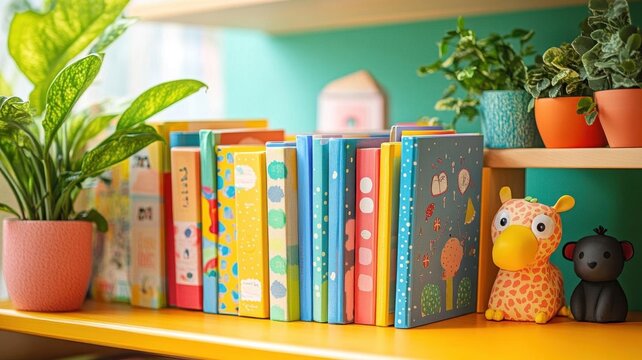 A bright and colorful product photo of childrens educational books, promoting reading and learning