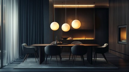 A contemporary dining room with ambient pendant lights, a minimalist design, and soothing color tones, providing a refined and relaxing setting