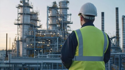 Industrial Worker Standing In Front Of A Refinery