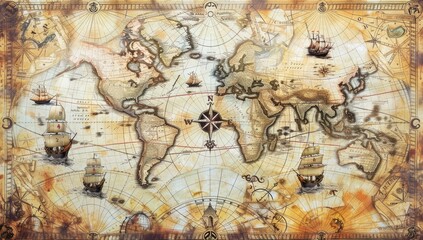 Vintage World Map with Sailing Ships