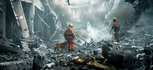 Brave firefighter surveys devastating destruction after recent earthquake in urban area at dusk. Generative AI.