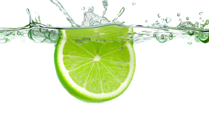 lime slice immersed in water ,water splash,cut out.