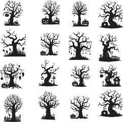 Set of black  silhouette Halloween trees vector