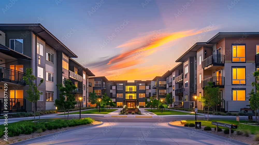Poster modern apartment complex with a clean contemporary design. the building is illuminated by the warm g