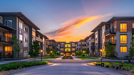 Modern Apartment complex with a clean contemporary design. The building is illuminated by the warm glow of the setting sun creating a sense of tranquility and sophistication.