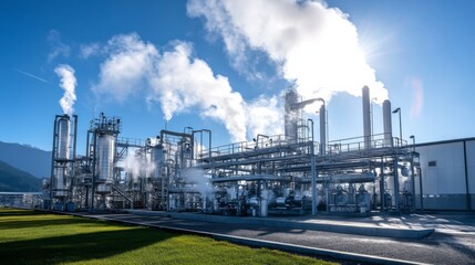 Industrial Complex with Steam and Blue Sky