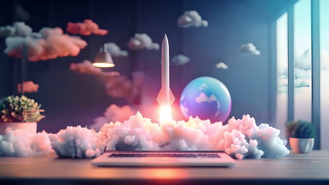 A glowing rocket launches from a laptop, symbolizing business growth and technological advancement. The image is set in a modern office space.