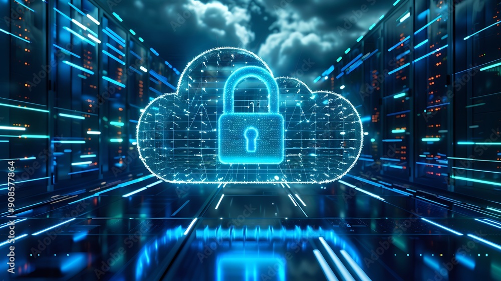 Poster glowing blue cloud with a padlock inside symbolizes the secure storage of data in a server room.