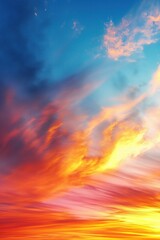 Obraz premium Vivid abstract sky at sunset with orange, yellow hues. Swirling clouds and vibrant colors create a dynamic landscape. Expansive and intense, the scene is both calming and energizing.