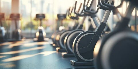 Fototapeta premium Modern Fitness Center Interior: Stylish Design with Panoramic Windows Showcasing Urban Landscape and Natural Light, Creating Optimal Exercise Environment for Health and Wellness Enthusiasts