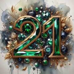 Elegant design featuring the number 21 surrounded by green gemstones and ornate details.