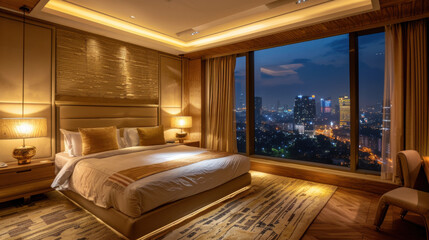 night, luxury bedroom, large bed, window leading to the Bangalore, India