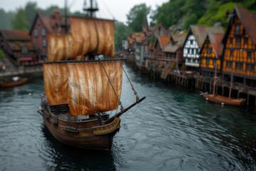 Picturesque medieval town with historic buildings and boats on the river