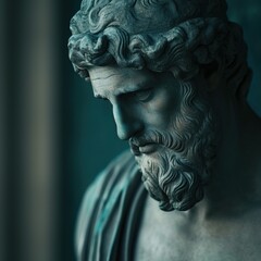 Weathered ancient greek statue head in dramatic lighting