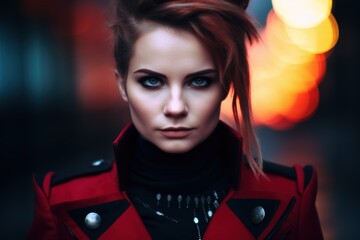 Fototapeta premium Intense woman in red jacket with dramatic lighting