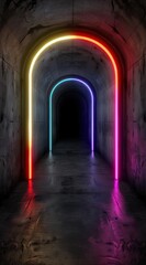Vibrant neon lights in a dark tunnel