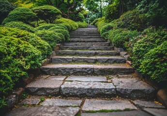 Lush green garden path with stone steps
