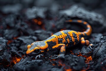 Obraz premium Vibrant orange salamander on charred forest floor