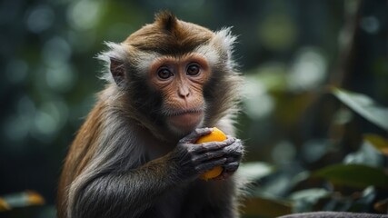 A monkey drinking from a clear, cool stream in the jungle