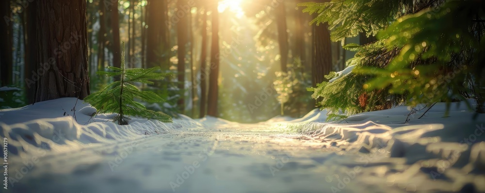 Poster a serene winter forest pathway, illuminated by soft sunlight filtering through snow-covered trees, c