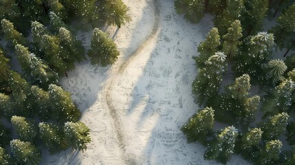 Serene winter landscape featuring snowy path winding through evergreen trees in a tranquil forest setting.