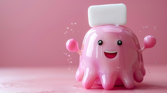 pink kawaii gello blob with hands and arms holding a white blank sign above head, isolated on white background