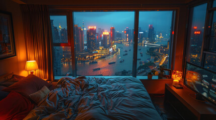bedroom in a high rise apartment with rain in the background