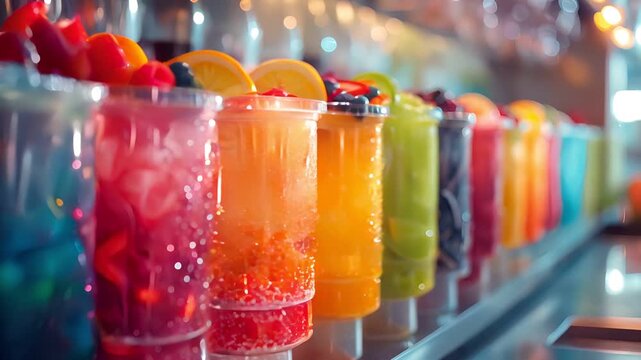 A row of colorful, refreshing drinks with fruit garnishes, perfect for summer.