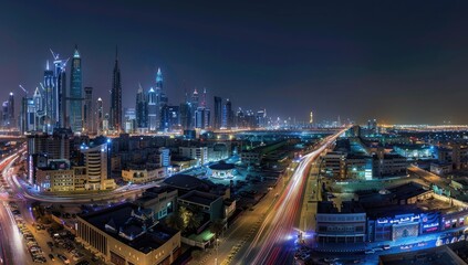 Obraz premium Dubai Skyline at Night with Traffic Trails