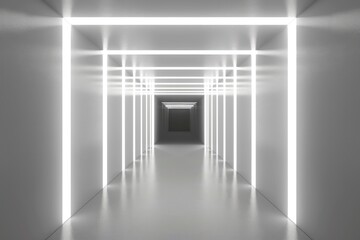 Long, futuristic white tunnel with geometric LED lighting, creating a sleek and modern visual effect ideal for sci-fi or high-tech concepts.