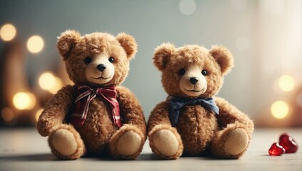 Cute teddy bears on white background with copy space, retro toned.