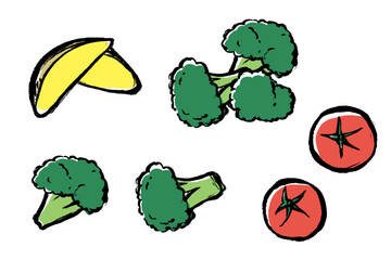 筆タッチのポテト、ブロッコリー、トマトのイラストセット