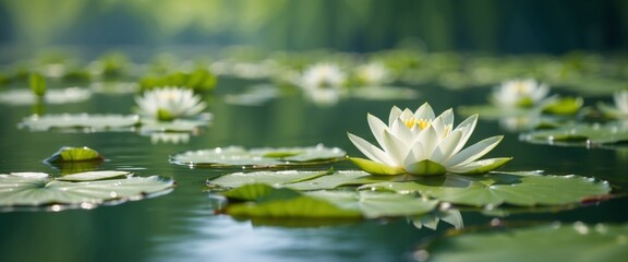 Bud of water lilies on the lake water with reflection and drop of dew in morning summer spring close-up macro outdoors with soft focus green blurred background Border template wallpaper.